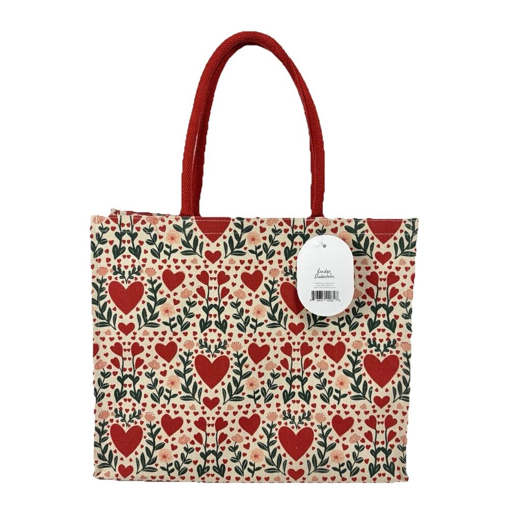 Kendra Shedenhelm Canvas Tote Reusable Shopping Bag Hearts Flowers Red Pink